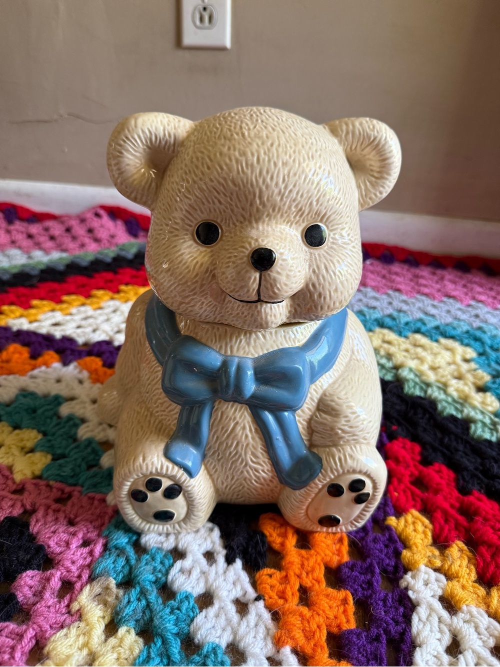 Vintage Ceramic Teddy Bear with Blue Bow Cookie Jar